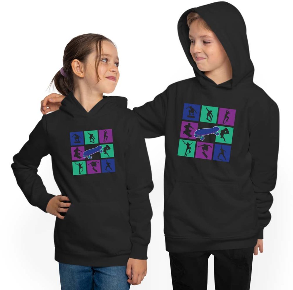 Skate Hooded sweater hoodie kids - jumping skateboarder in cubes i524
